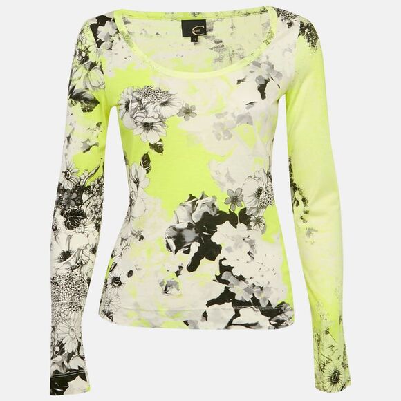 Just Cavalli Fluorescent Yellow Floral Print Cotton Knit Long Sleeve Top M